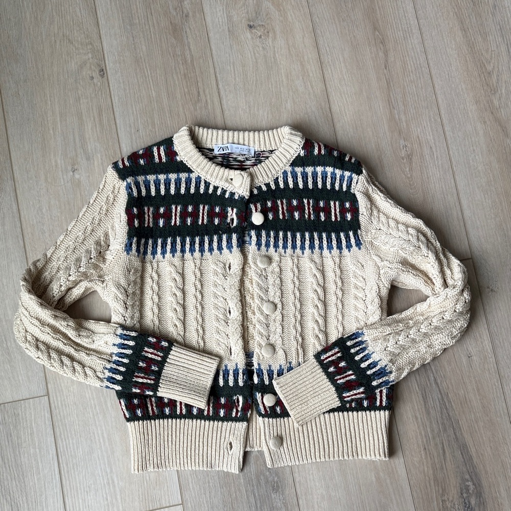 Zara Cream and Navy Patterned Cardigan